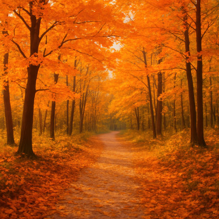 Colorful autumn forest path with warm golden leaves.の写真素材