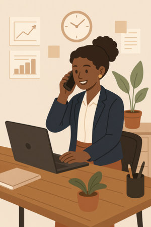 Simple flat illustration of businesswoman talking on phone at desk.の写真素材