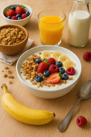 Yogurt bowl with fruit granola juice and milk on wooden table.の写真素材