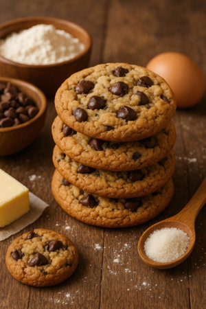 Chocolate chip cookies and ingredients for baking on a wooden table.