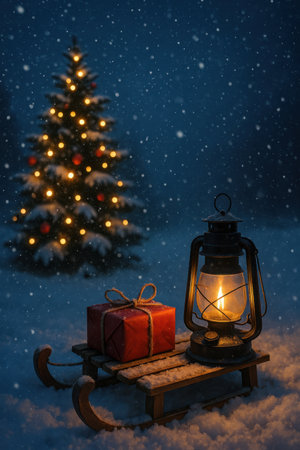 Christmas background with a Christmas tree, presents and a lantern in the snowの写真素材