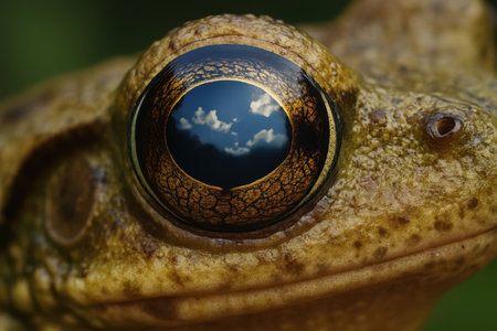 Close up of frog eye with sky reflection in it. Macro shot.の写真素材