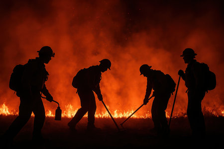 Silhouettes of firemen fighting a fire in the night.
