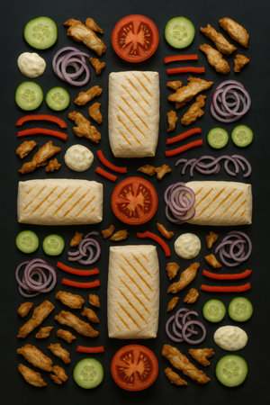 Tortilla wraps with tomato and cucumber on black background