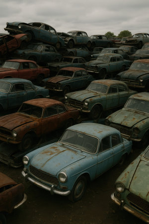Abandoned cars in a junkyard, retro toned