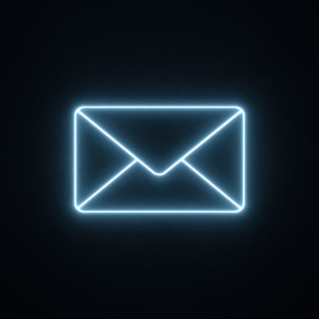 Glowing neon envelope icon on dark background. 3D Renderingの写真素材