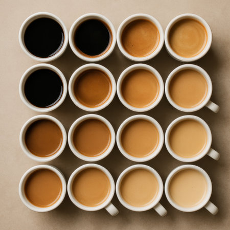 Coffee cups arranged in rows on beige background, top viewの写真素材