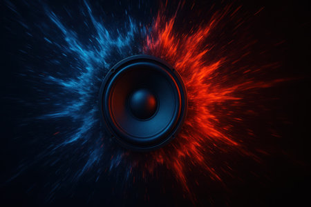 Audio speaker with blue and red rays on black background. 3D renderingの写真素材