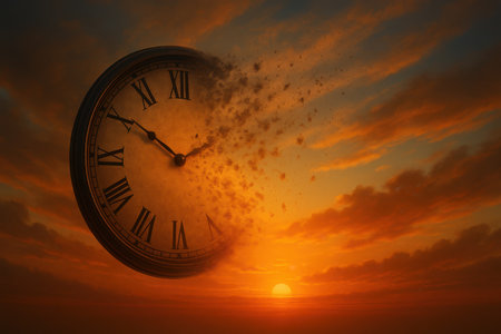 Time concept with clock against orange sky with clouds, 3d renderの写真素材
