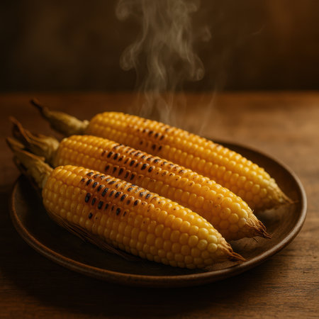 Grilled corn on the cob with smoke on a wooden background.の写真素材