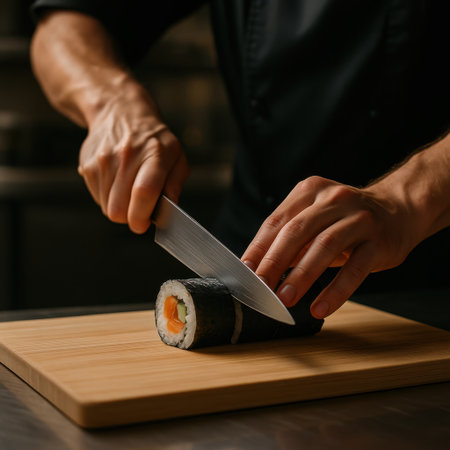 Close-up of a chef's hands cutting sushi on a wooden boardの写真素材