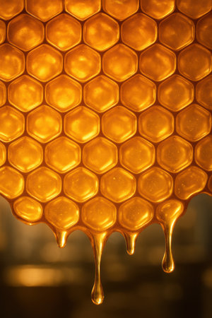 Honey dripping from hexagonal honeycombs. Honeycombs backgroundの写真素材