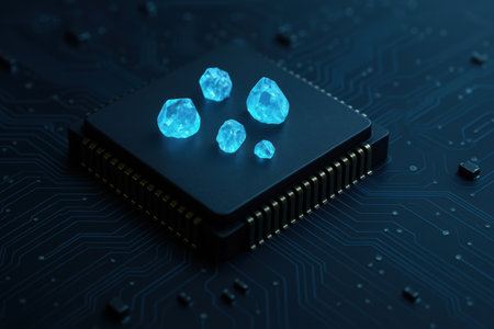 Close up of electronic microchip with blue crystals on circuit board backgroundの写真素材