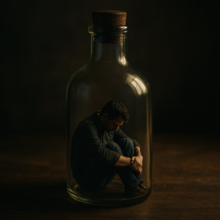 Young man sitting in a glass bottle on a dark backgroundの写真素材