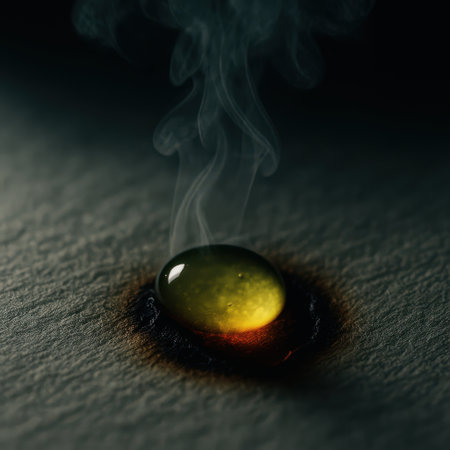 A closeup shot of an oil drop on a black surface with smokeの写真素材
