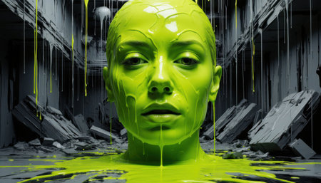 Surreal neon liquid portrait of a face covered in dripping bright green paintの素材