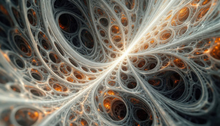 Complex fractal organic web with glowing warm details and deep structure.の素材
