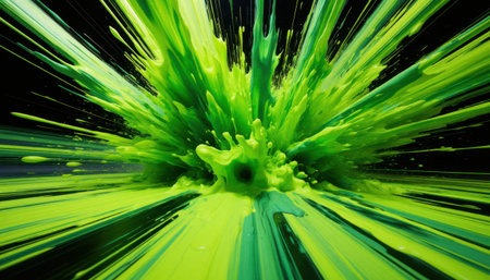 Vivid green paint splash explosion frozen in motion against dark backgroundの素材
