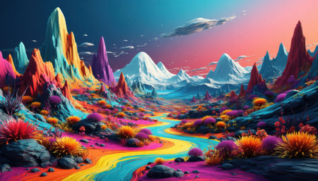 vivid fantasy mountains and river in bright surreal colorsの素材