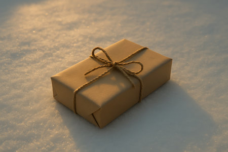 Minimal Christmas present wrapped in kraft paper with twine ribbon lying on snowy surface in warm golden sunset light.の素材
