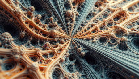 Highly detailed fractal radial 3d structure with organic lattice patterns in teal and orange, surreal microscopic network suitable for sci fi concepts.の素材