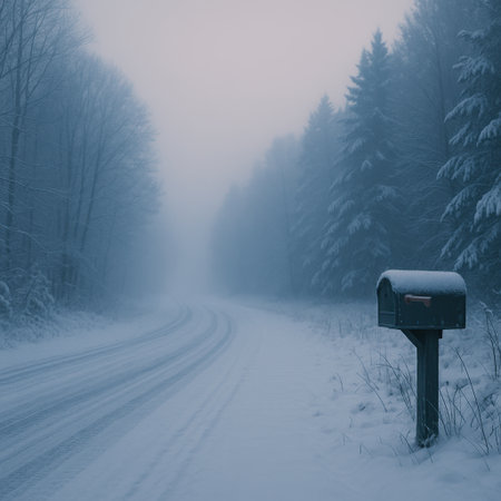 winter snowy road disappearing into fog with mailboxの素材