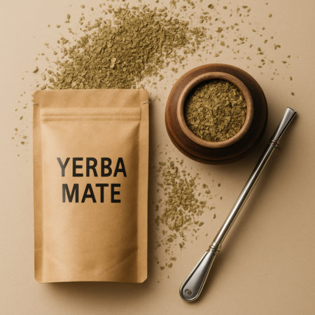 Kraft paper packaging with yerba mate leaves and accessories arranged on a clean surface.の素材