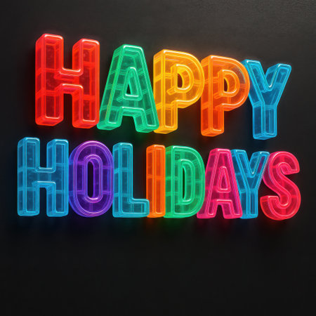 Bright colorful Happy Holidays text. Festive glowing letters.の素材