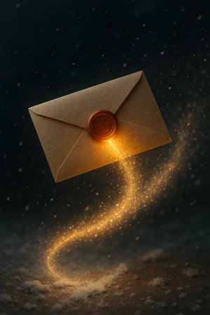 Floating envelope with glowing trail. Winter magic.の素材