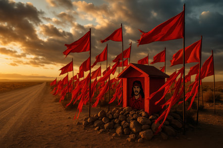 Shrine with red flags at sunset. Dramatic sky and earthy landscape.の素材