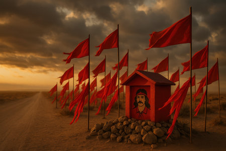Shrine with red flags at sunset. Calm desert landscape. Warm dramatic light.の素材