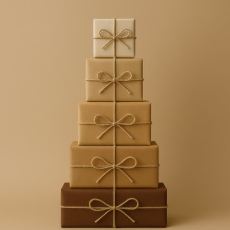 Stack of neutral wrapped gifts tied with twine forming simple pyramid shape on beige background. Modern minimal holiday composition.の素材