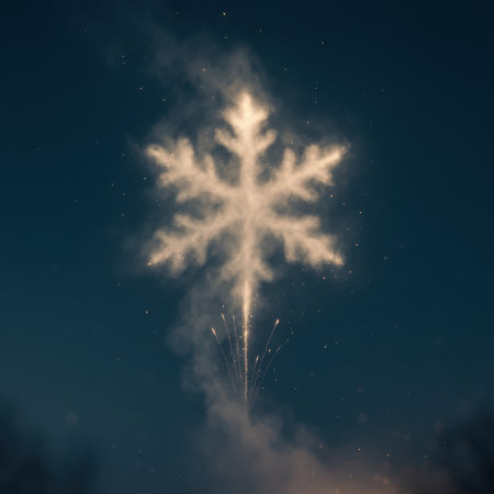 Bright firework in the shape of a snowflake rises in the night sky. Soft smoke and glowing sparks create magical winter celebration mood.の素材