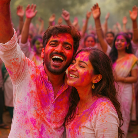 Cheerful couple covered in bright powder colors during Holi celebration. Happy people smiling in a festive crowd. Joyful spring holiday atmosphere.の素材