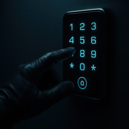 Gloved hand enters code on illuminated keypad. Concept of security access and modern smart lock technology.の素材