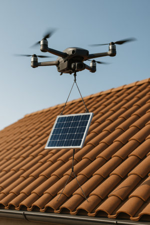Quadcopter carries a small solar panel above a tiled roof. Clean blue sky background. Concept of renewable energy and modern aerial maintenance.の素材