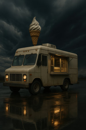 Ice cream truck with giant cone sign is parked on wet asphalt under dark stormy clouds. Warm interior light reflects on the ground creating dramatic contrast.の素材
