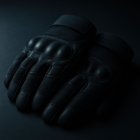 Pair of black tactical gloves on dark surface. Dramatic studio light reveals texture armor panels and protection. Concept of safety riding and defense gear.の素材