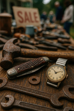 Close view of old rusty tools pocket knife and vintage wristwatch arranged on a wooden yard sale table. Blurred sale sign and people in the background.の素材