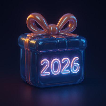 Stylized glass like gift box with glowing 2026 numbers on the front. Warm and cool neon light creates modern Christmas and new year mood.の素材