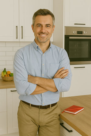 Smiling middle aged man stands in modern kitchen with arms crossed. Casual lifestyle portrait at home.の素材