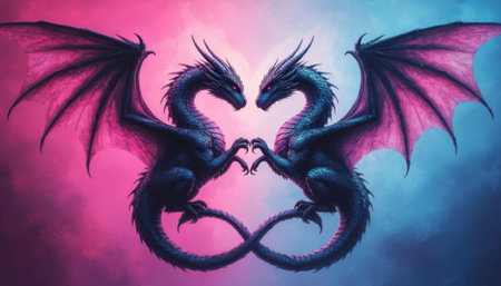 Two colorful dragons facing each other on gradient sky background. Mirrored wings and tails create heart like shape. Fantasy romance illustration in bright colors.の素材