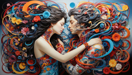 Artistic fantasy portrait of a couple embraced surrounded by colorful swirling floral elements. Rich ornamental style with romantic feeling.の素材