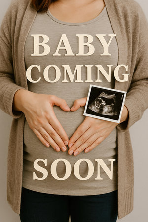 Close view of pregnant woman holding ultrasound photo on belly. Hands form a heart over the baby bump. Warm home atmosphere and joyful family expectation.の素材