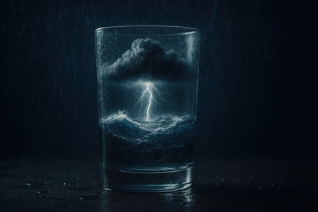 Surreal scene of thunderstorm and waves inside clear drinking glass. Dark rain and lightning create dramatic mood and stress metaphor.の素材