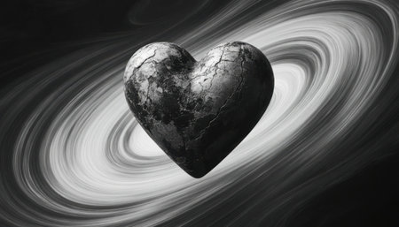 Dark stone heart in monochrome swirling space. Strong emotional contrast and mood.の素材