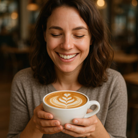 Young woman holds large cup of latte with heart foam art. Warm cafe atmosphere and genuine smile create cozy morning mood.の素材
