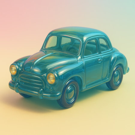 Cute shiny retro style toy car on a soft pastel background. Nostalgic transport concept for childhood memories games or collectible design themes.の素材