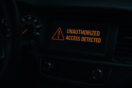 Close view of modern car infotainment screen showing unauthorized access detected warning. Cybersecurity data theft and vehicle hacking concept inside dark interior.の素材