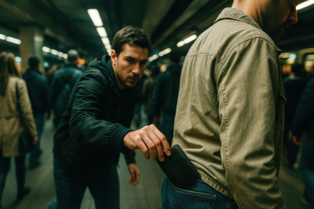 Thief quietly takes wallet from pocket of man in crowded underground station. Urban crime and personal safety theme.の素材